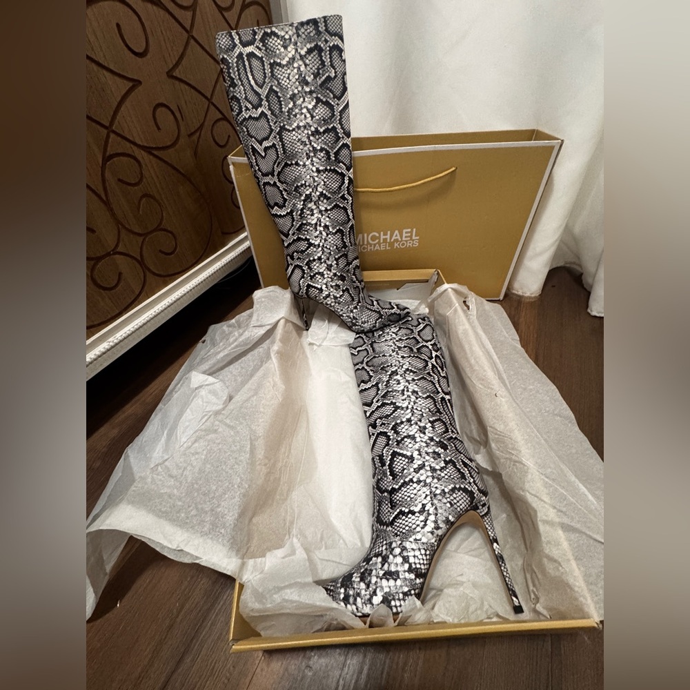 Michael Kors Black and Gray Snake Print Boots